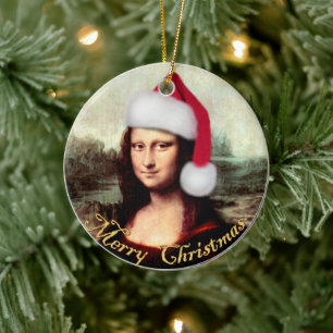 Ornamento De Cerâmica Mona Lisa Chapéu de Papai Noel Natal