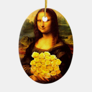 Ornamento De Cerâmica Mona Lisa Com Buquê De Rosas Amarelas