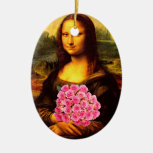 Ornamento De Cerâmica Mona Lisa Com Buquê De Rosas Rosa