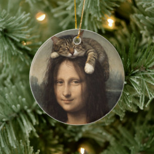 Ornamento De Cerâmica Mona Lisa Com Gato Adormecido