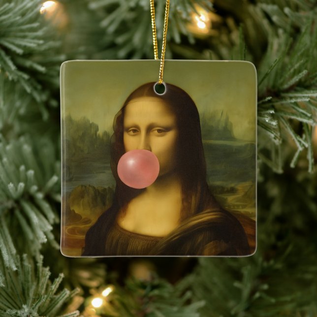 Ornamento De Cerâmica Mona Lisa Piscando Goma-Bolha Rosa (Árvore)