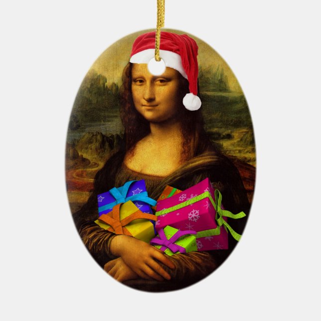 Ornamento De Cerâmica Mona Lisa Vem Como Papai Noel (Frente)