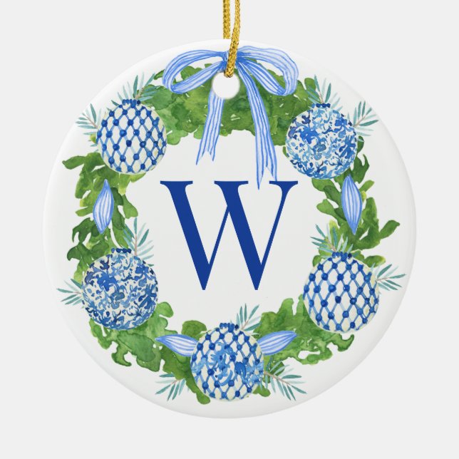 Ornamento De Cerâmica Monograma Blue & White Chinoiserie Wreath (Frente)