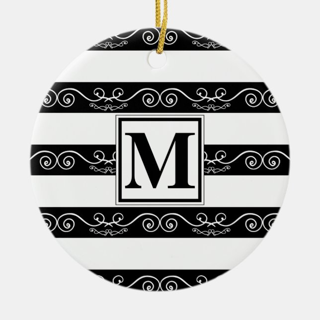 Ornamento De Cerâmica Monograma branco preto moderno listrado (Frente)