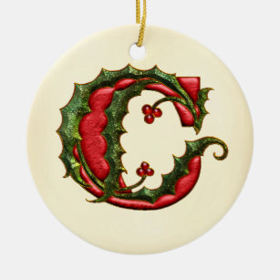 Ornamento De Cerâmica Monograma C do azevinho do Natal