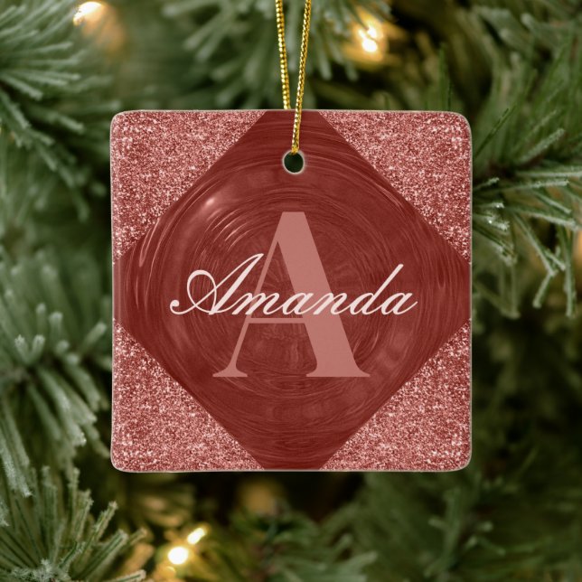 Ornamento De Cerâmica Monograma cintilante Dourado de Rosa moderno (Árvore)