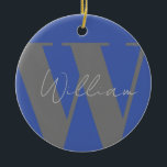 Ornamento De Cerâmica Monograma cinza na moda design presente moderno<br><div class="desc">Presente de Natal para ele Monograma nome cinza azul design de presente moderno na moda de presente para o pai marido irmão ou namorado. Fácil de ser personalizado. O estilo,  o tamanho e as cores da fonte podem ser alterados. Itens correspondentes disponíveis.</div>