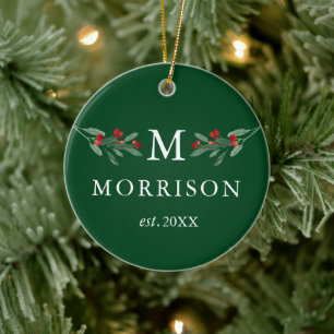 Ornamento De Cerâmica Monograma - Cor d'água Holly Berries FOTO VERDE