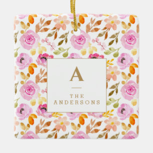 Ornamento De Cerâmica Monograma da Família Floral de Cor de Água Cor R