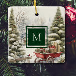 Ornamento De Cerâmica Monograma da Floresta de Natais vintages de Aquare<br><div class="desc">A aquarela natal vintage árvores em ornamento de árvores de floresta nevada. Inclua o seu próprio monograma/família inicial que aparecerá na frente e atrás.</div>