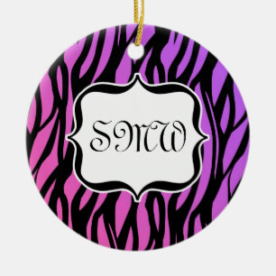 Ornamento De Cerâmica Monograma das tiras de zebra rosa/roxo quente