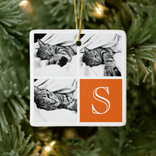 Ornamento De Cerâmica Monograma de Colagem de Fotos em Laranja e Branco