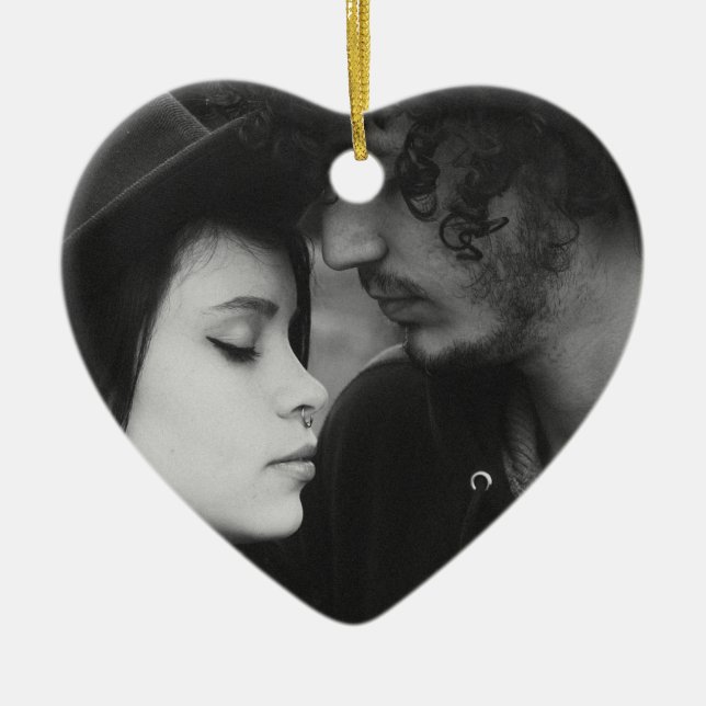 Ornamento De Cerâmica Monograma de Coração Personalizado Preto e Branco (Frente)