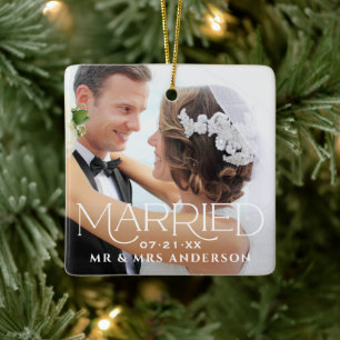 Ornamento De Cerâmica Monograma de Foto Personalizada de Casamento de Na