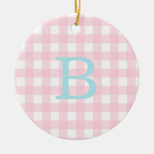 Ornamento De Cerâmica Monograma de Gingham Azul e Rosa