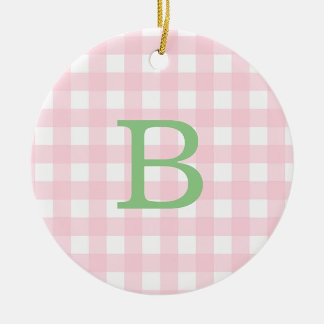 Ornamento De Cerâmica Monograma de Gingham Verde e Rosa (Frente)