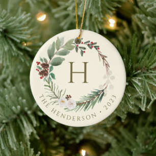 Ornamento De Cerâmica Monograma de Grinalda de Natal em Aquarela Elegant