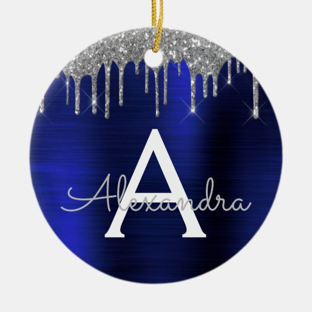 Ornamento De Cerâmica Monograma de metal com Marinho de prata azul com b (Frente)