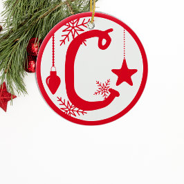 Ornamento De Cerâmica Monograma de Natal - Letra C Vermelho Branco