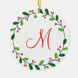 Ornamento De Cerâmica Monograma de Natal Vermelho Holly e Verdinho