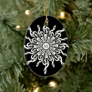 Ornamento De Cerâmica Monograma de Notas de Música em Floco de Neve Pret