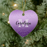 Ornamento De Cerâmica Monograma de Ombro Púrpura de Prata Confetti<br><div class="desc">Silver Confetti Purple Ombre monograma e nome</div>