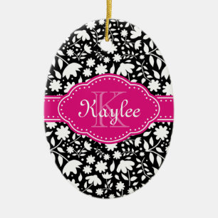 Ornamento De Cerâmica Monograma de Padrão Floral Branco e Preto