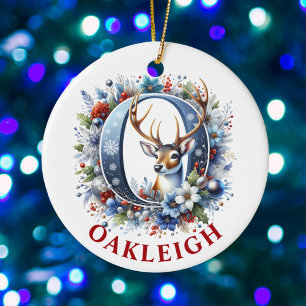 Ornamento De Cerâmica Monograma de Rena de Natal Letra O Nome Personaliz