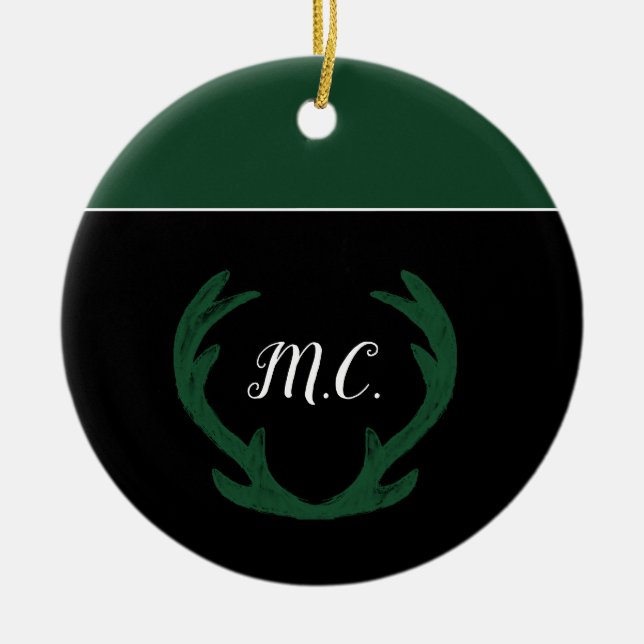 Ornamento De Cerâmica Monograma de Veados Verdes Modernos (Frente)