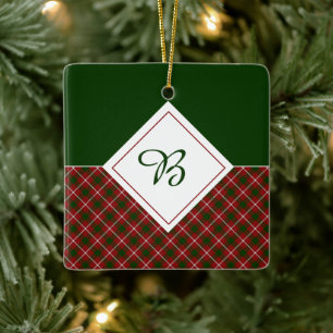 Ornamento De Cerâmica Monograma de xadrez vermelha e verde
