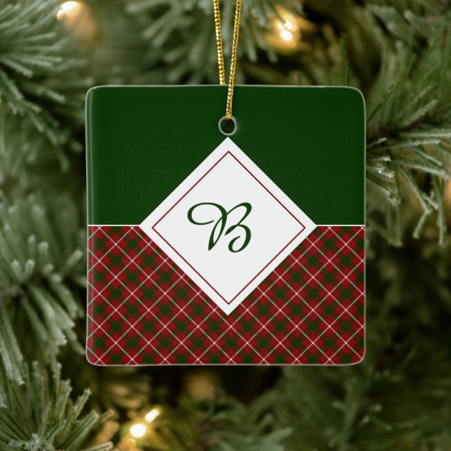 Ornamento De Cerâmica Monograma de xadrez vermelha e verde (Árvore)