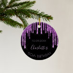 Ornamento De Cerâmica Monograma do brilho do brilho do roxo preto de ani<br><div class="desc">Uma moda e glamourosa ornamentação de 50 anos (ou qualquer idade). Um fundo preto clássico, decorado com púrpura escura, púrpura, pingos de brilho, pintura pingando. Com o texto: 50º aniversário. Personalize e adicione um nome e uma data. Texto cor púrpura. O nome é escrito com um moderno estilo escrito à...</div>