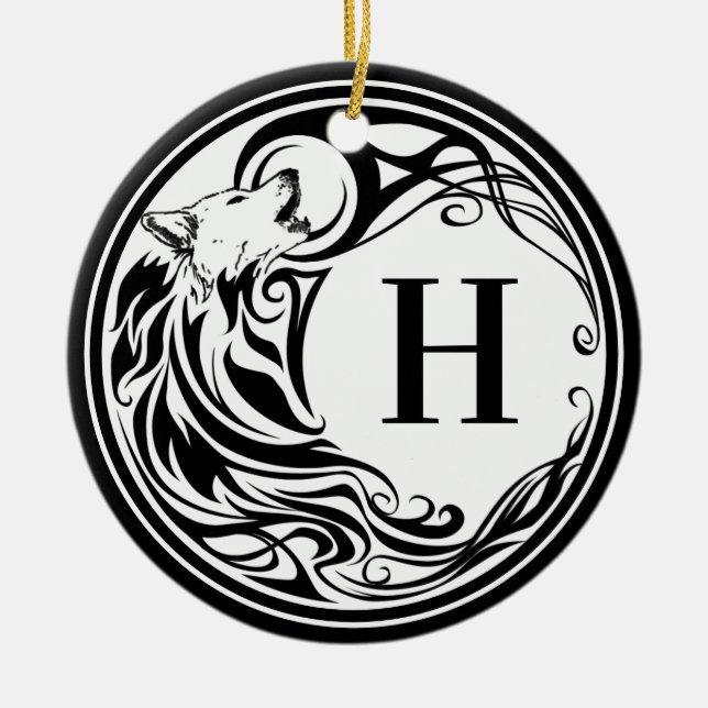 Ornamento De Cerâmica Monograma do Lobo Tribal (Frente)