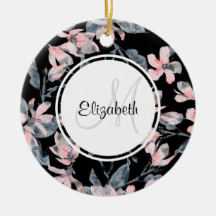 Ornamento De Cerâmica Monograma do Padrão Floral de Aquarela Rosa e Cin