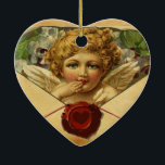 Ornamento De Cerâmica Monograma do PARCHE DO CORAÇÃO ANGEL<br><div class="desc">Design elegante,  clássico e clássico com cupido amoroso,  selo de cera vermelha,  coração e flecha num pergaminho castanho antigo adequado para noivados românticos,  casamentos,  natal,  feriados,  uso familiar ou profissional.</div>