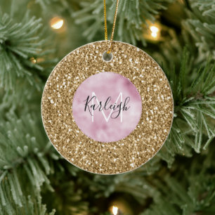 Ornamento De Cerâmica Monograma Dourado Glitzy Glitzy Glitter personaliz