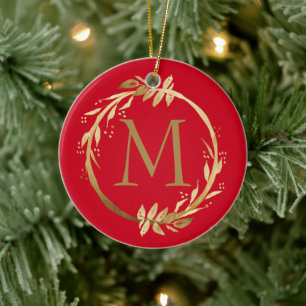 Ornamento De Cerâmica Monograma e Foto da Família Dourada de Natal Verm