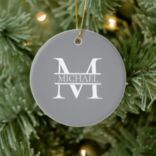 Ornamento De Cerâmica Monograma e Nome da Cinza Elegante Personalizada