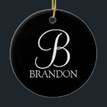 Ornamento De Cerâmica Monograma e Nome de Script Personalizado Preto<br><div class="desc">Monograma personalizado e Dif de nome apresentam monograma personalizado em estilo de fonte de script clássico branco e nome no estilo de fonte de serif clássico branco em fundo preto. Perfeito para feriado,  reagrupamento familiar e quaisquer ocasiões especiais.</div>