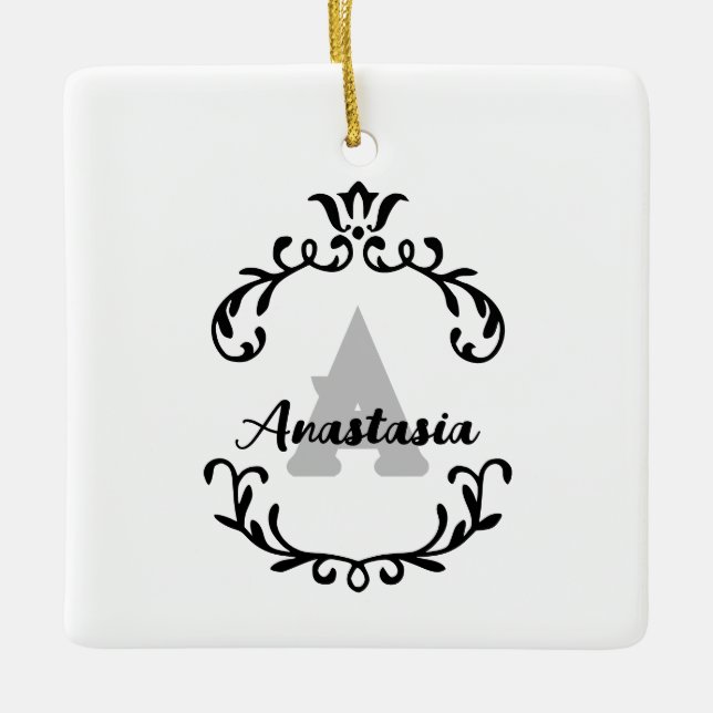 Ornamento De Cerâmica Monograma e Nome Floral bonito (Frente)