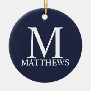 Ornamento De Cerâmica Monograma e Nome Personalizados Azul-marinho
