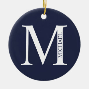 Ornamento De Cerâmica Monograma e Nome Personalizados Azul-marinho