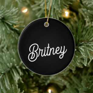 Ornamento De Cerâmica Monograma e Nome Personalizados de Branco Preto Mo