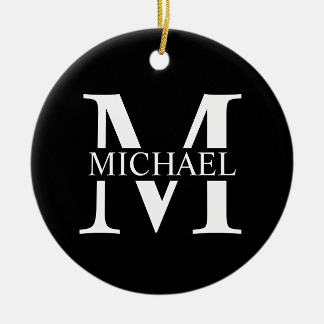 Ornamento De Cerâmica Monograma e Nome Personalizados Pretos (Frente)