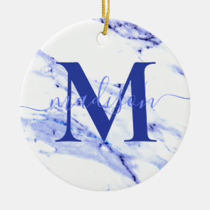 Ornamento De Cerâmica Monograma elegante azul-branco-mármore-granito