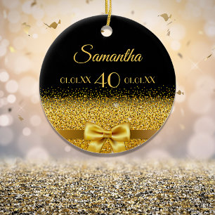 Ornamento De Cerâmica Monograma elegante de ouro preto de aniversário