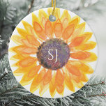 Ornamento De Cerâmica Monograma Floral<br><div class="desc">Este único ornamento de guarnição é decorado com um girassol amarelo e tipografia de na moda. Facilmente personalizável. Original Watercolor © Michele Davies.</div>