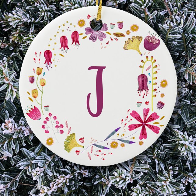 Ornamento De Cerâmica Monograma Floral (Modern monogram initial watercolor wildflower wreath)