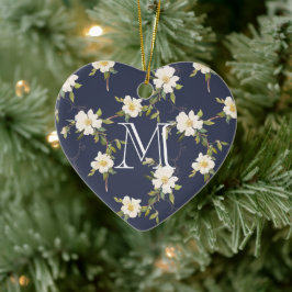 Ornamento De Cerâmica Monograma Floral Branco marinho Azul