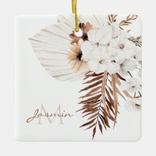 Ornamento De Cerâmica Monograma Floral de Grama Pampas Boho Rústico